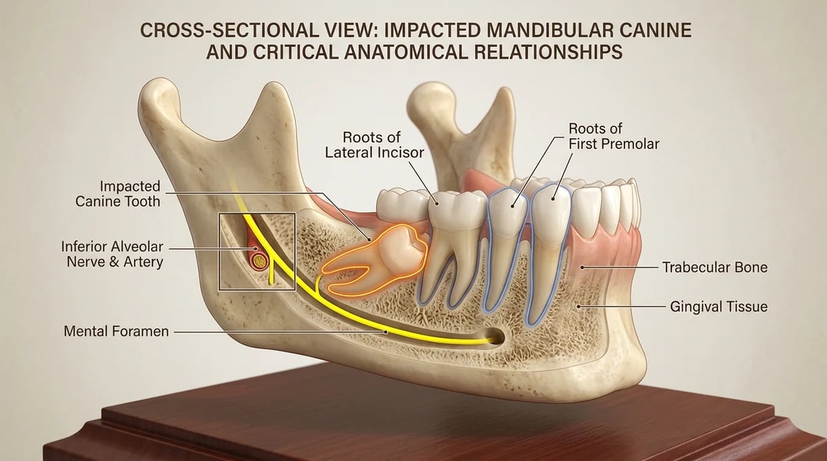 매복 송곳니와 주변 신경, 치아 뿌리를 보여주는 3D CT 이미지