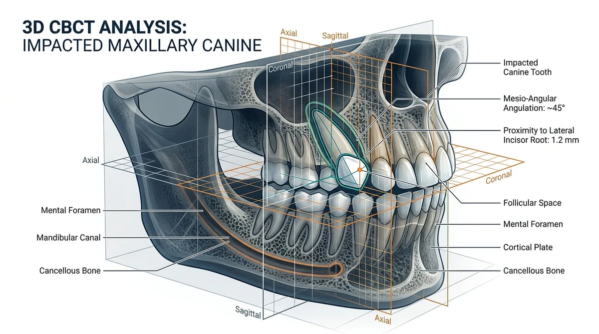 콘빔 CT(CBCT)를 통해 매복 송곳니의 3차원 위치와 각도를 분석하는 과정을 시각화한 그림