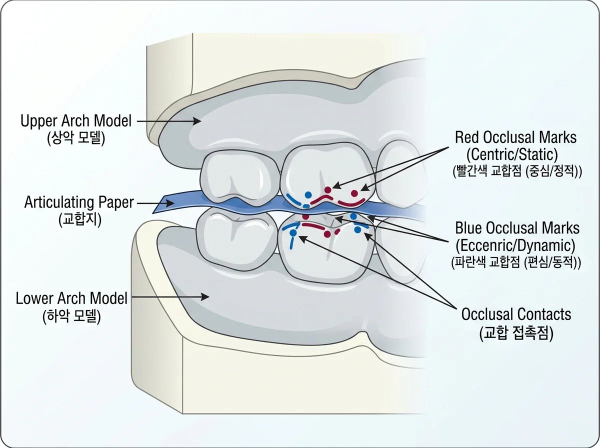 교합지(Articulating Paper)를 사용하여 치아의 교합 접촉점을 확인하는 원리를 보여주는 다이어그램
