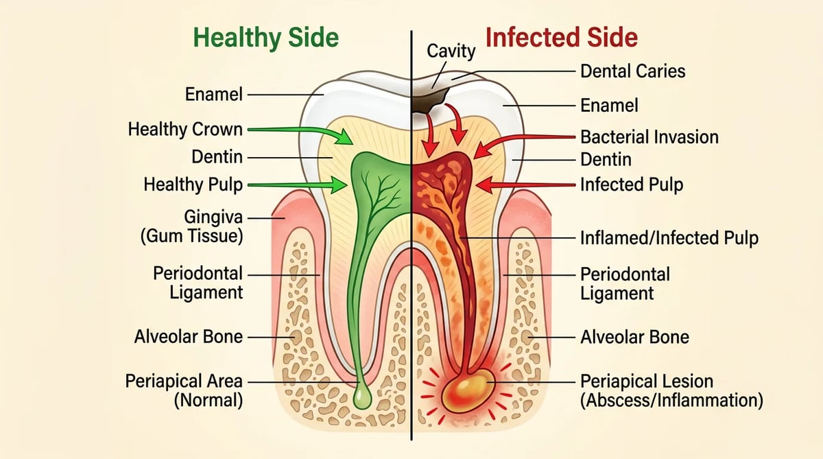 건강한 치아와 치근단 병소가 발생한 치아의 해부학적 단면도