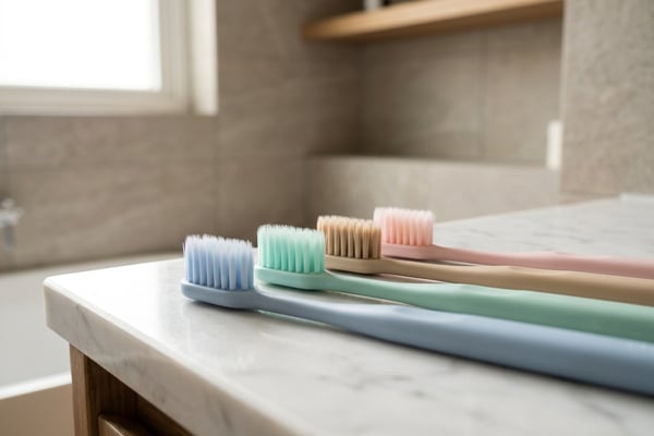 화이트 마블 위에 놓인 파스텔톤 미세모 칫솔들
