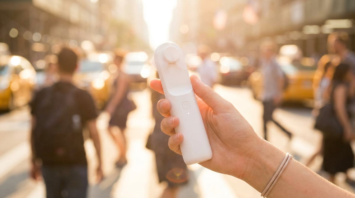 여름 도심에서 손풍기를 들고 있는 손 클로즈업