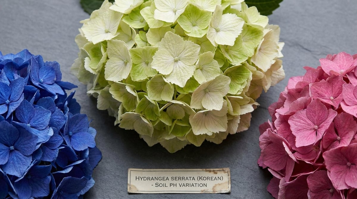 파란·흰·분홍 수국 세 송이 비교