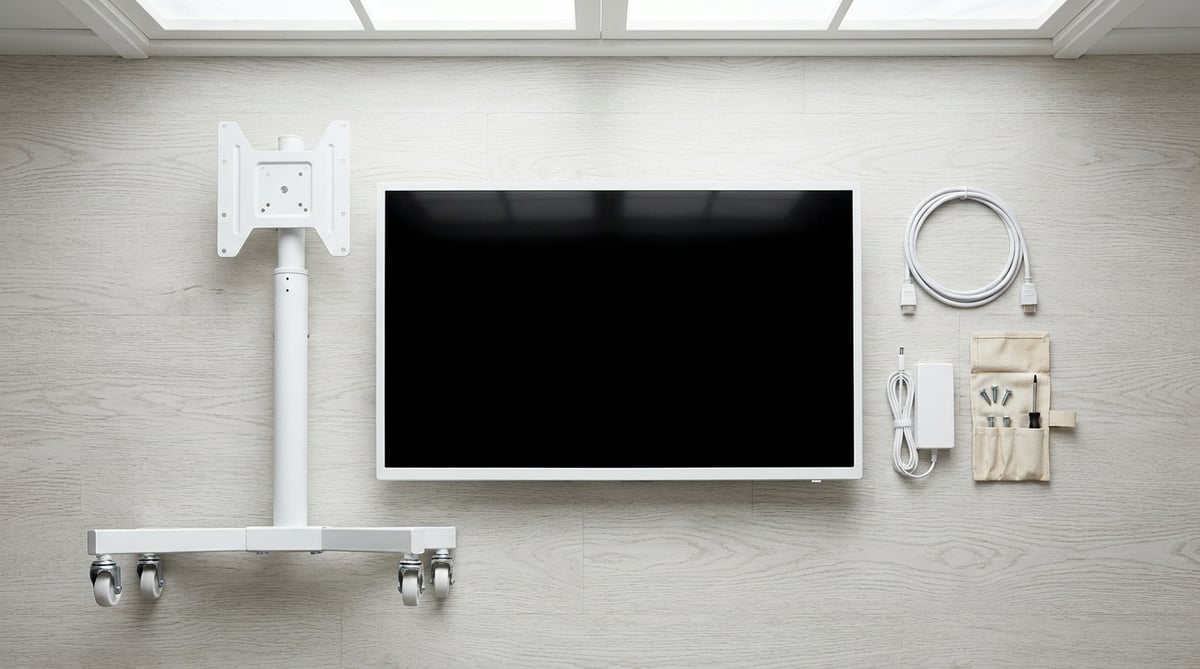 스마트 모니터와 이동식 스탠드, HDMI 케이블, VESA 브라켓이 바닥에 펼쳐진 조립 구성품