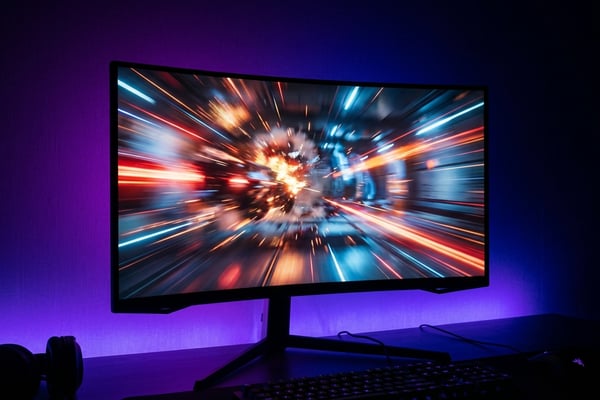 다크 게이밍 셋업에서 고주사율 화면이 표시된 삼성 오디세이 스타일 게이밍 모니터