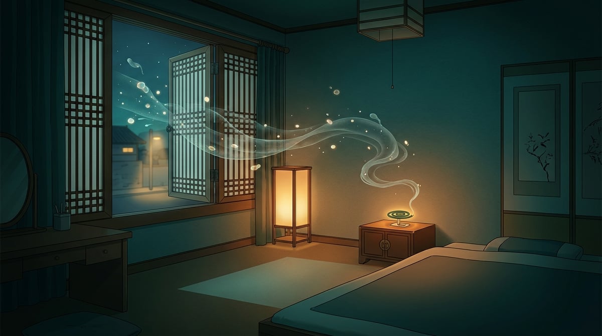 밤에 창문을 열어 환기하는 침실과 창밖으로 빠져나가는 연기