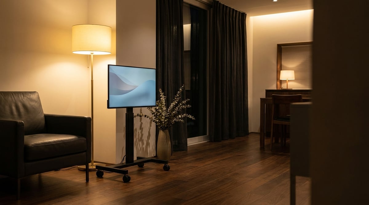 월넛 마루와 디자이너 알루미늄 스탠드에 43인치 UHD 스마트모니터를 올린 프리미엄 짭탠바이미 연출