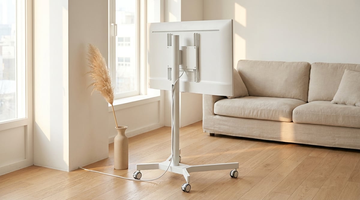 화이트 스마트모니터와 미니멀 화이트 이동식 스탠드를 조합한 북유럽 스타일 짭탠바이미 인테리어