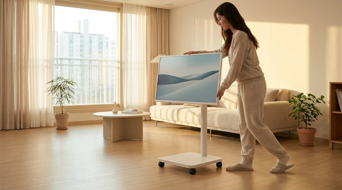 케이블 없이 내장 배터리로 거실을 가로질러 이동 중인 프리미엄 이동식 스탠드 TV