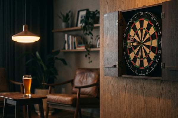 어둑한 조명 아래 거실 벽에 걸린 사이잘 다트보드와 트리플 20에 꽂힌 세 개의 스틸팁 다트, 옆 테이블에 놓인 맥주잔