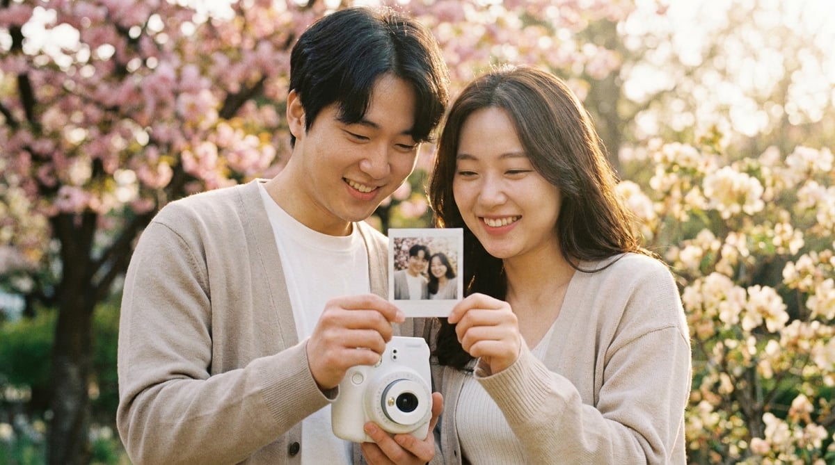 봄 여행지에서 즉석카메라로 막 찍은 사진을 함께 바라보며 웃는 한국인 커플