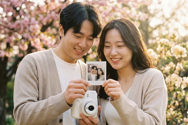 봄 여행지에서 즉석카메라로 막 찍은 사진을 함께 바라보며 웃는 한국인 커플