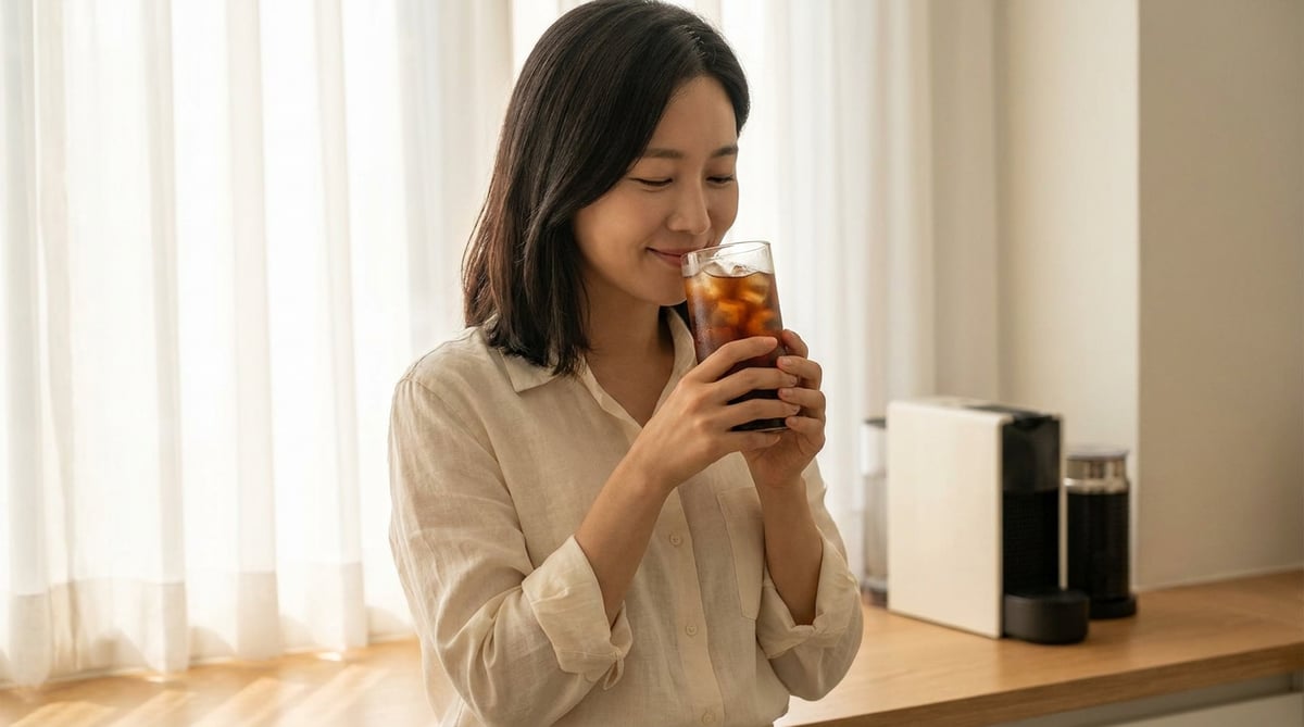 리넨 셔츠를 입은 30대 한국 여성이 볕이 드는 홈카페 조리대에서 얼음이 담긴 아이스 아메리카노 잔을 두 손으로 들고 첫 모금을 마시는 모습