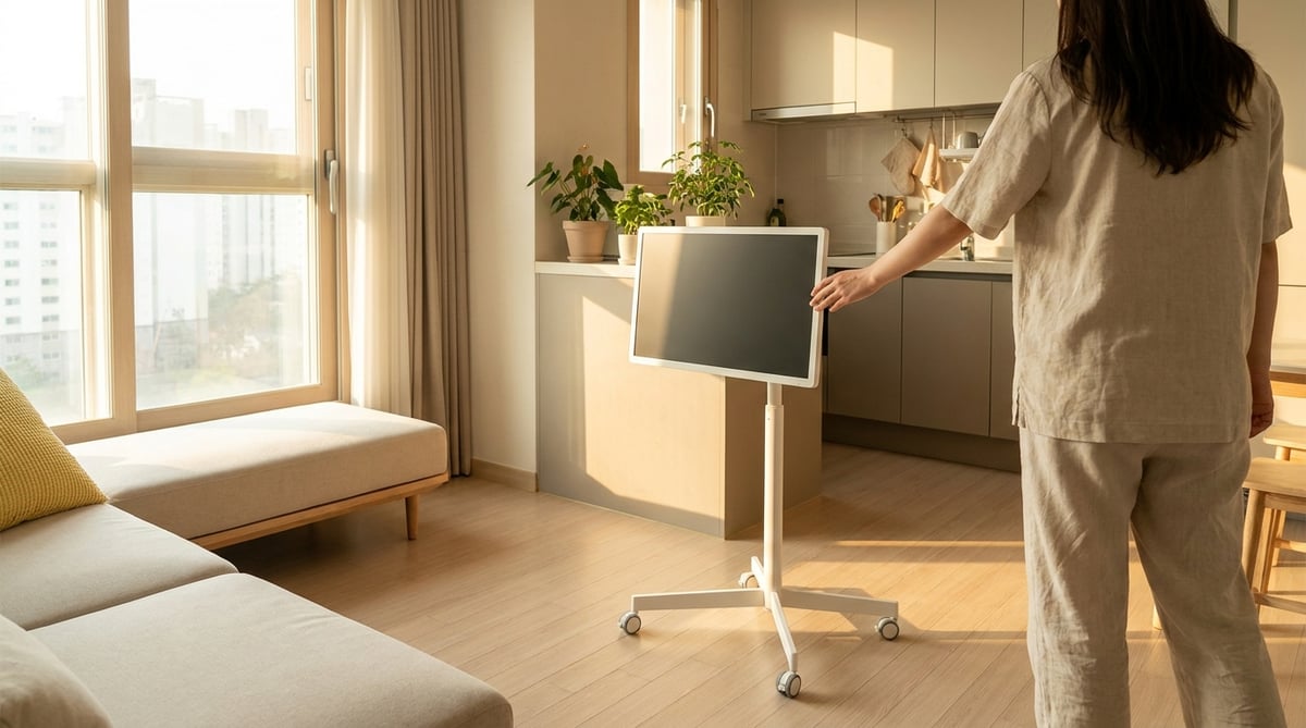 거실에서 주방 방향으로 이동 중인 27인치 이동식 스탠드 TV와 바퀴 달린 베이스