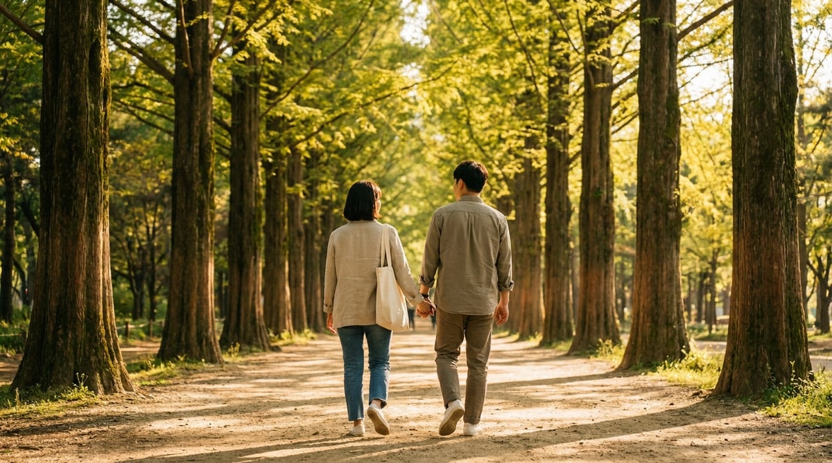 남이섬 메타세쿼이아 길을 걷는 커플