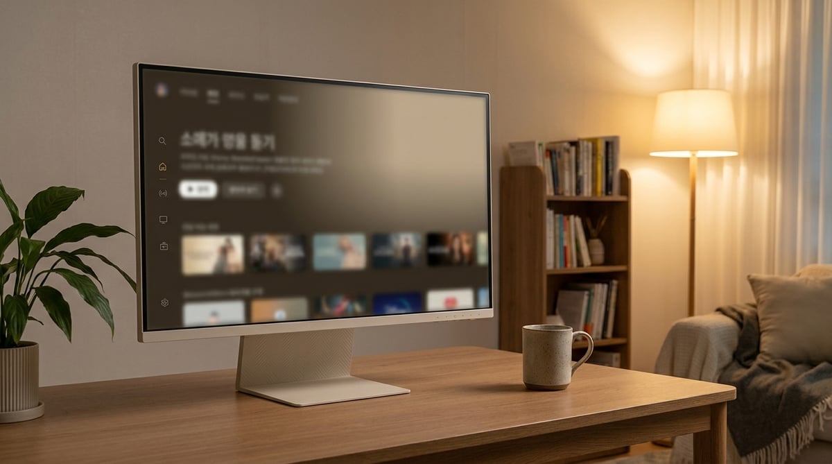 원룸 책상 위에 놓인 32인치 초슬림 스마트모니터 한 대가 모니터와 TV 역할을 겸하는 장면