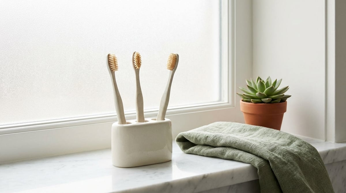 통풍이 잘 되는 미니멀 욕실에 세워둔 칫솔들