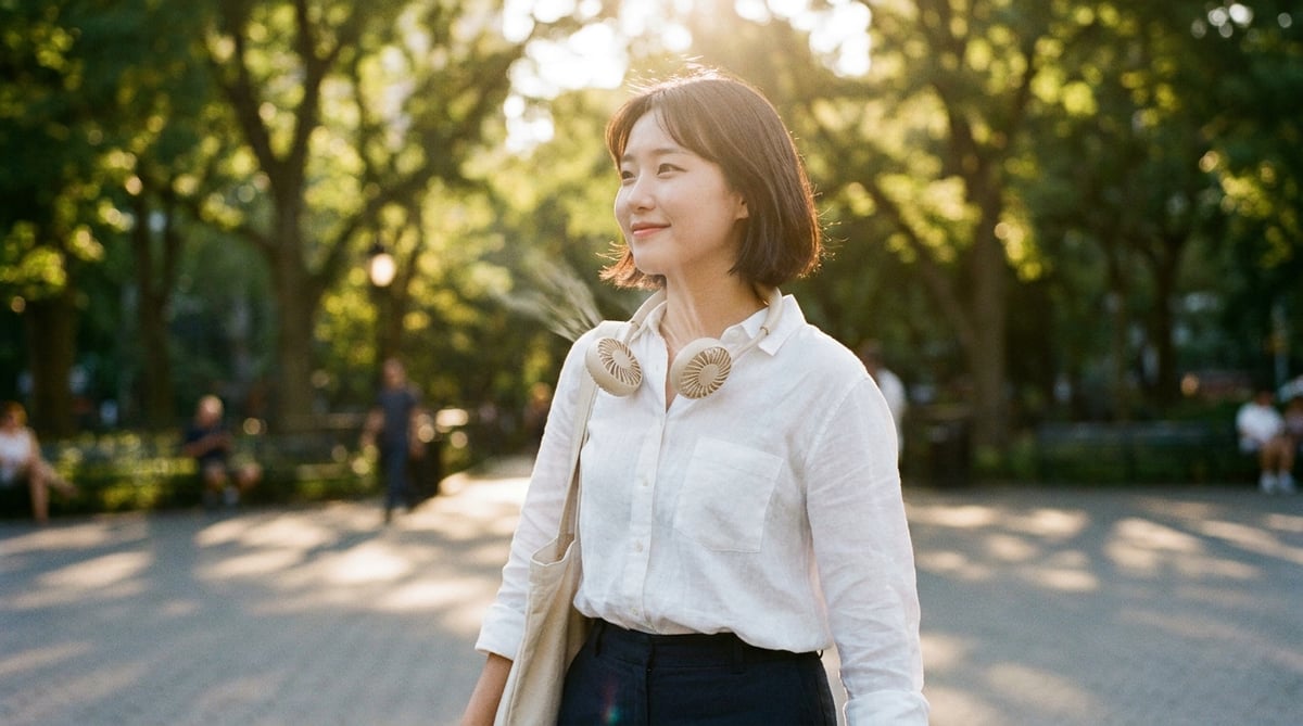 공원에서 목걸이형 핸즈프리 선풍기를 쓰고 걷는 사람