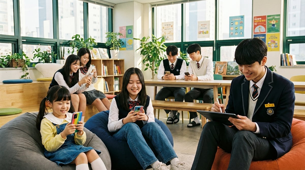 초등학생부터 고등학생까지 다양한 연령대의 한국 학생들이 각자 다른 스마트폰을 사용하는 밝은 사진