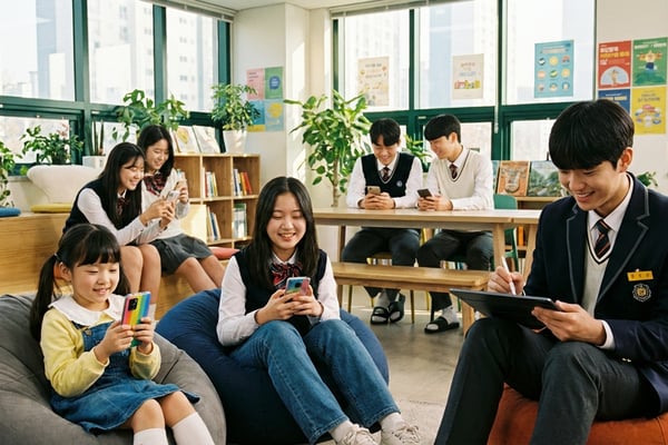 초등학생부터 고등학생까지 다양한 연령대의 한국 학생들이 각자 다른 스마트폰을 사용하는 밝은 사진