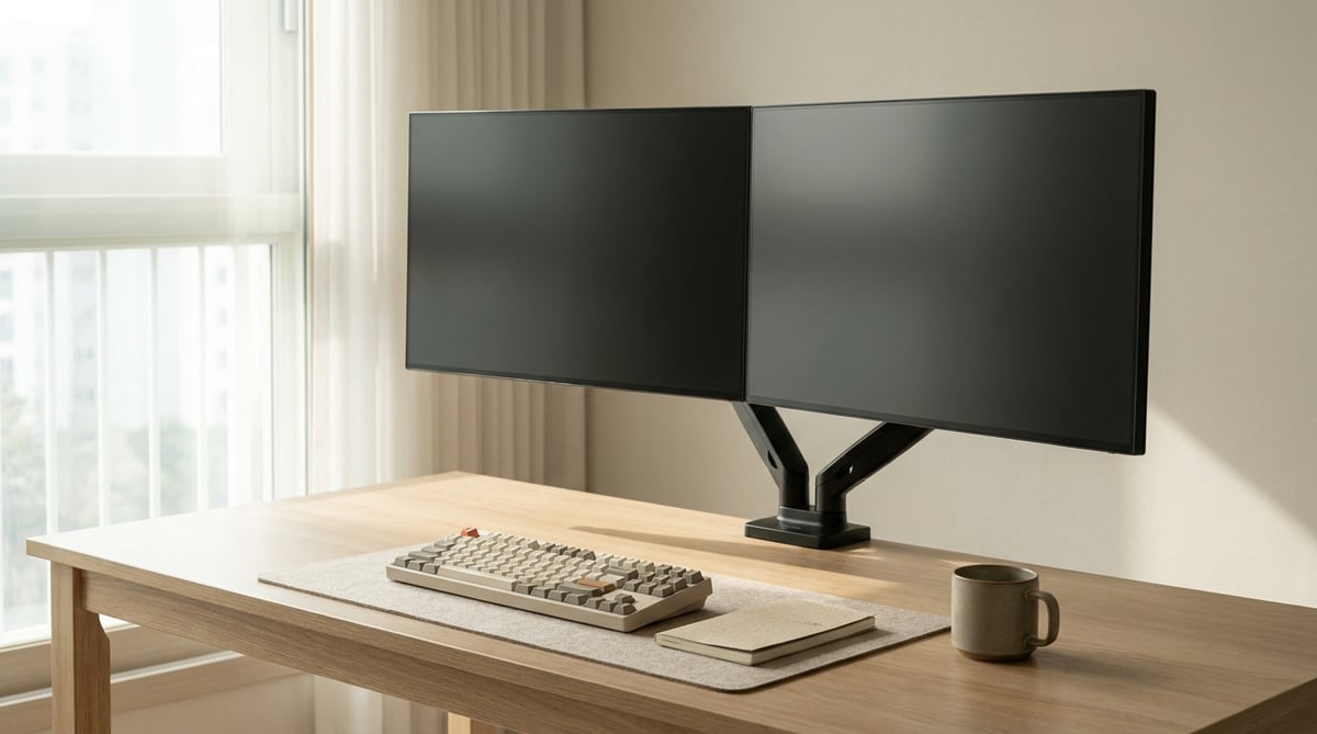 원목 책상 위 모니터암에 장착된 27인치 모니터 두 대와 기계식 키보드