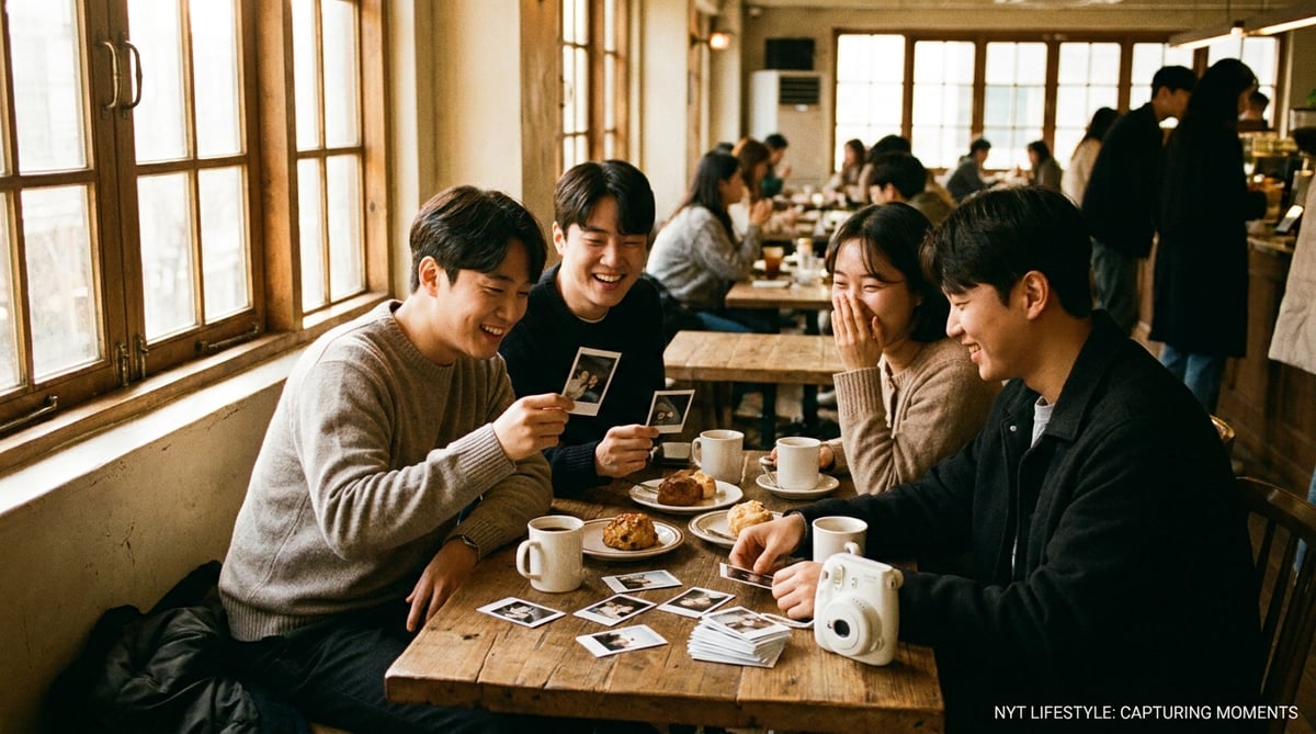 카페 테이블에 모여 앉아 즉석카메라로 찍은 사진을 서로 주고받는 친구들
