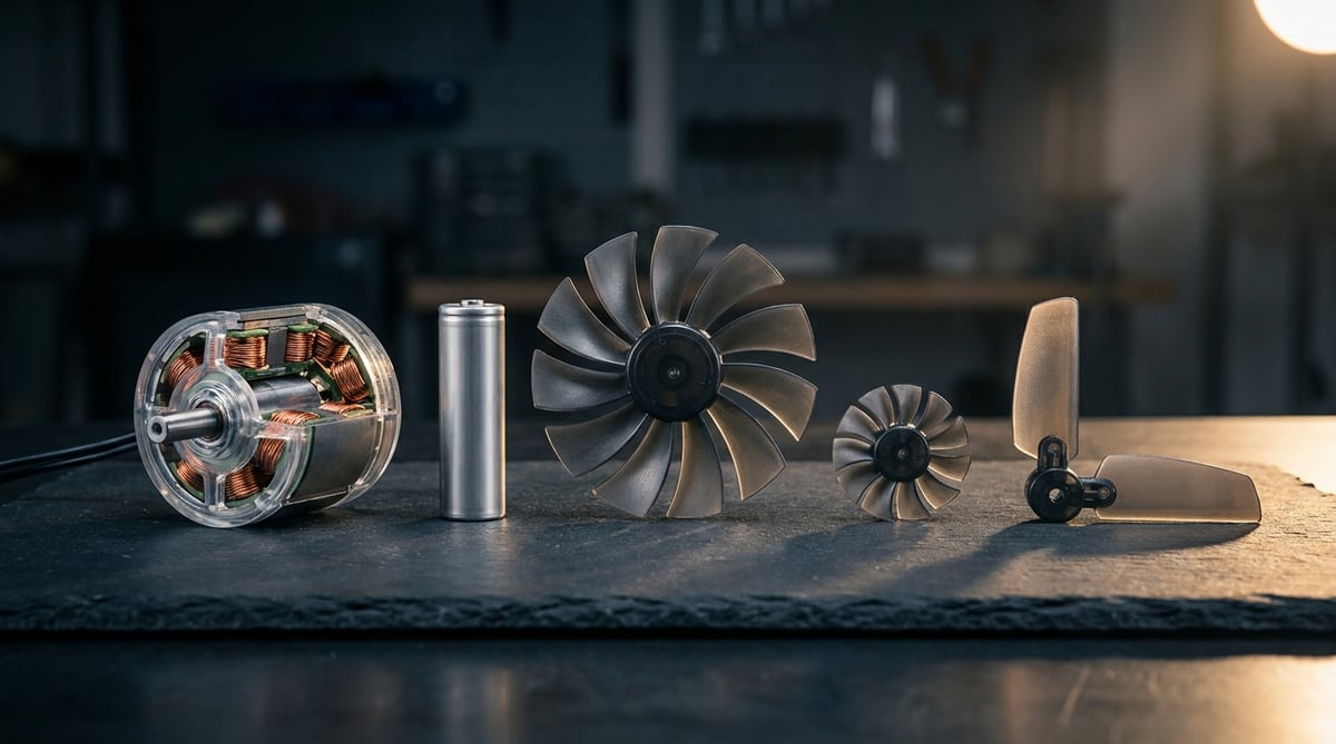 BLDC 모터, 배터리 셀, 팬 블레이드 세 가지 부품 비교