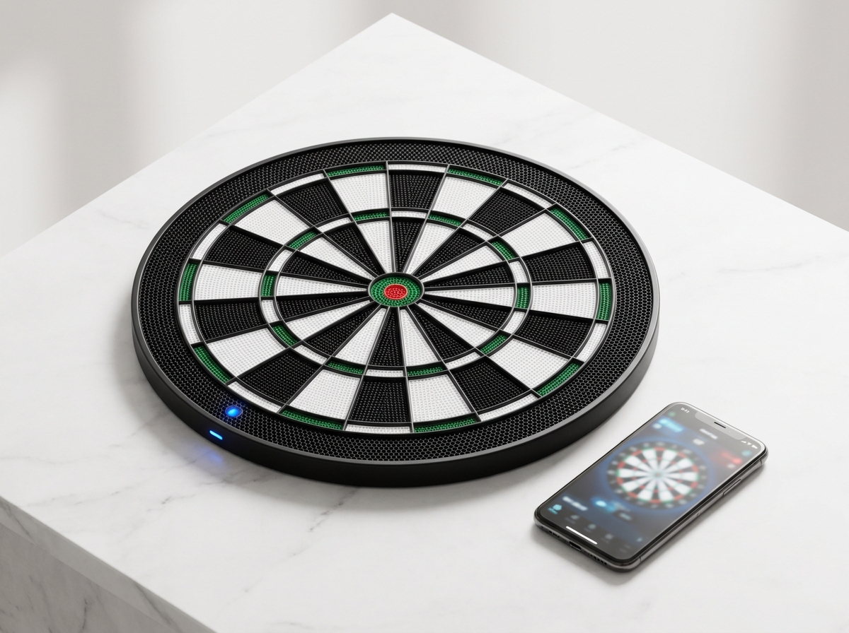 공인 규격에 가까운 세그먼트 비율을 가진 중급 전자 다트보드와 옆에 놓인 스마트폰 앱 화면