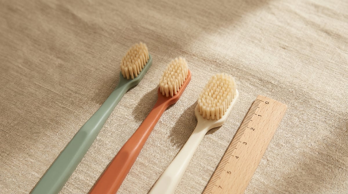 헤드 크기가 다른 세 칫솔의 플랫레이 비교