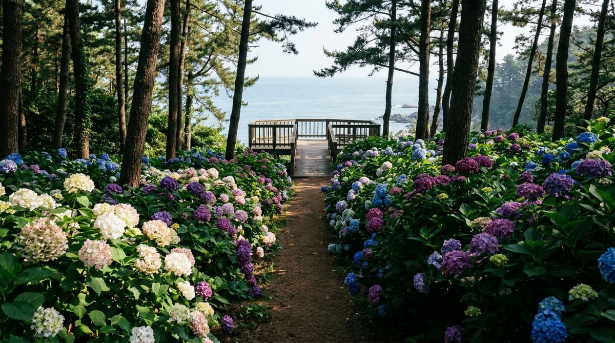 태안 천리포수목원 수국길과 서해