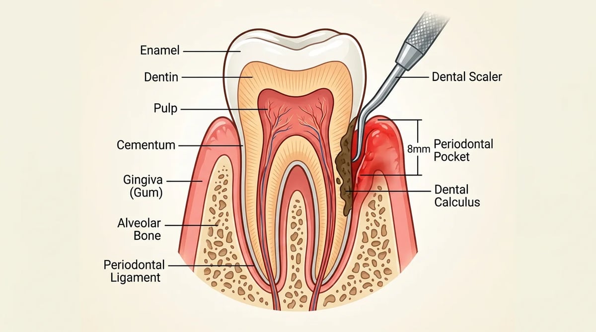 깊은 치주낭과 비수술적 잇몸치료의 한계를 보여주는 도식