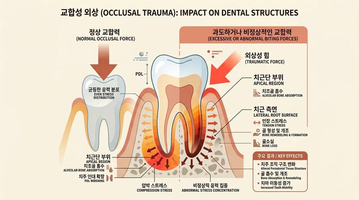 과도한 씹는 힘(교합성 외상)이 치아와 잇몸뼈에 미치는 영향을 보여주는 개념도