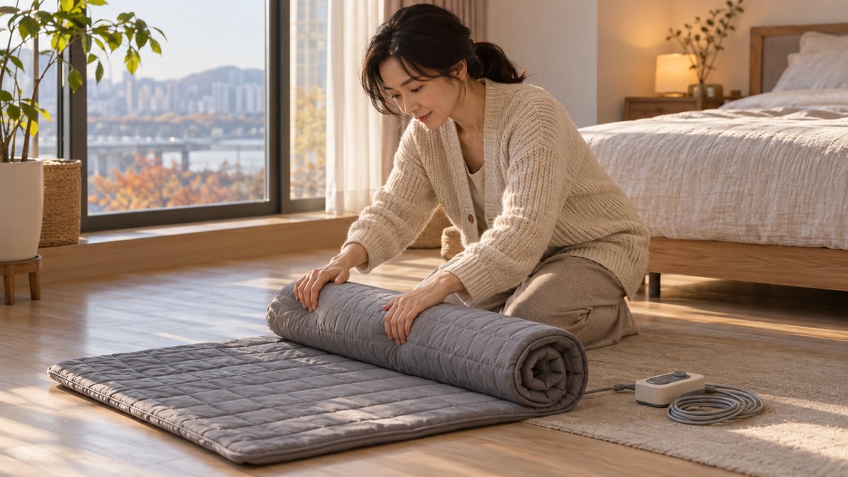 40대 한국 여성이 침실 나무 바닥에서 회색 퀼팅 전기매트를 접지 않고 둥글게 말아 보관하고, 옆에 조절기 선이 감겨 있다