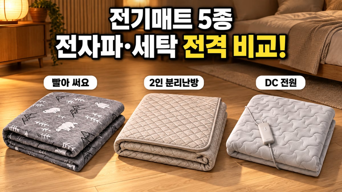 나무 바닥에 접어 놓은 전기요, 분리난방 탄소매트, DC 카본매트 세 장과 '전기매트 5종 전자파·세탁 전격 비교!' 문구