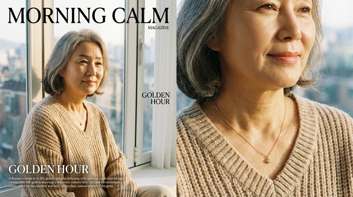 14K 금목걸이를 착용한 60대 한국 엄마의 부드러운 미소