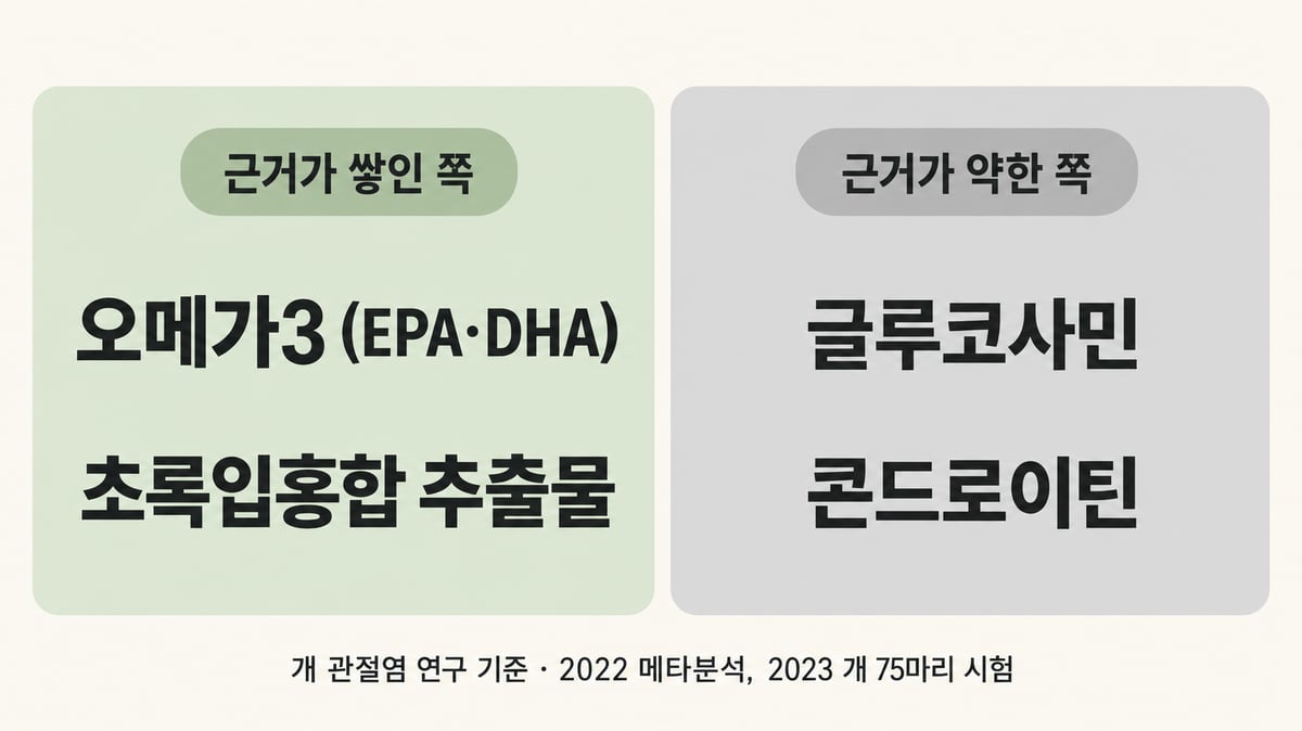 개 관절염 연구 기준 근거 비교: 근거가 쌓인 쪽 오메가3(EPA·DHA)·초록입홍합 추출물, 근거가 약한 쪽 글루코사민·콘드로이틴 (2022 메타분석, 2023 개 75마리 시험)