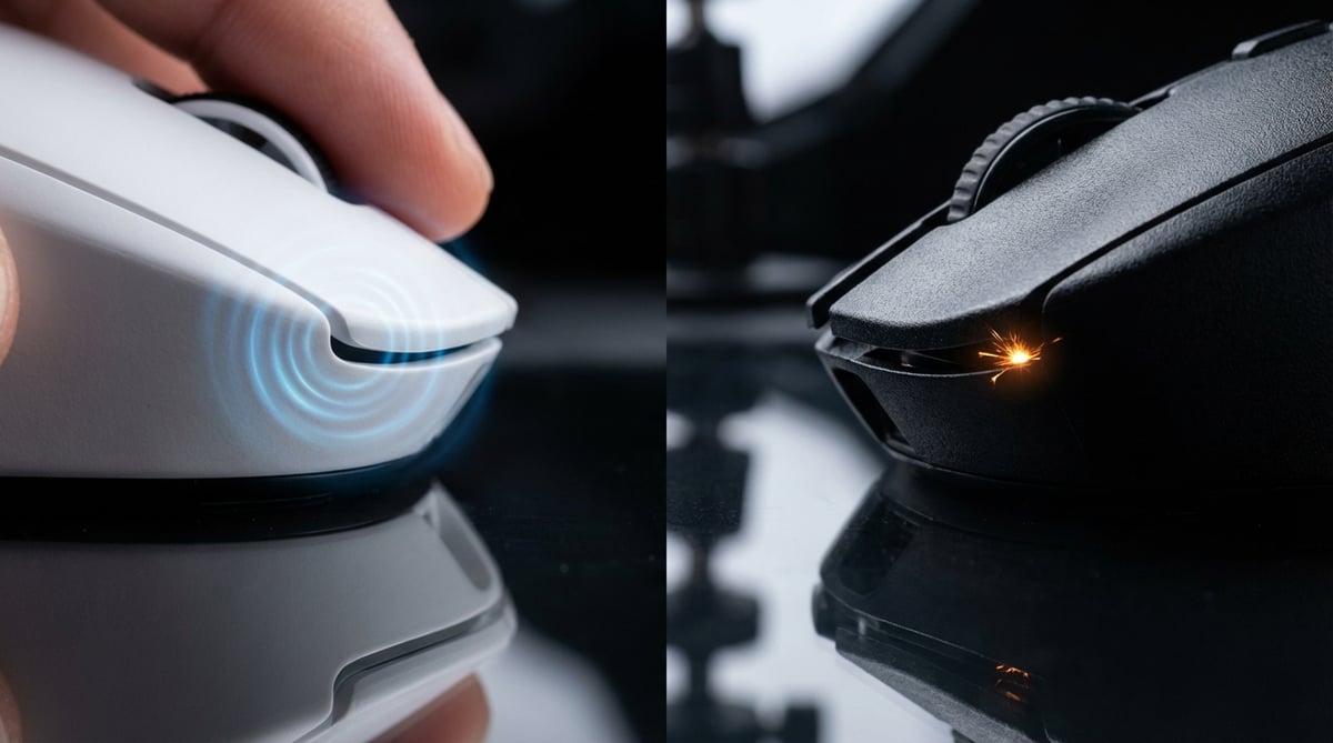 두 게이밍 마우스 버튼의 클릭 메커니즘을 비교한 매크로 클로즈업 사진