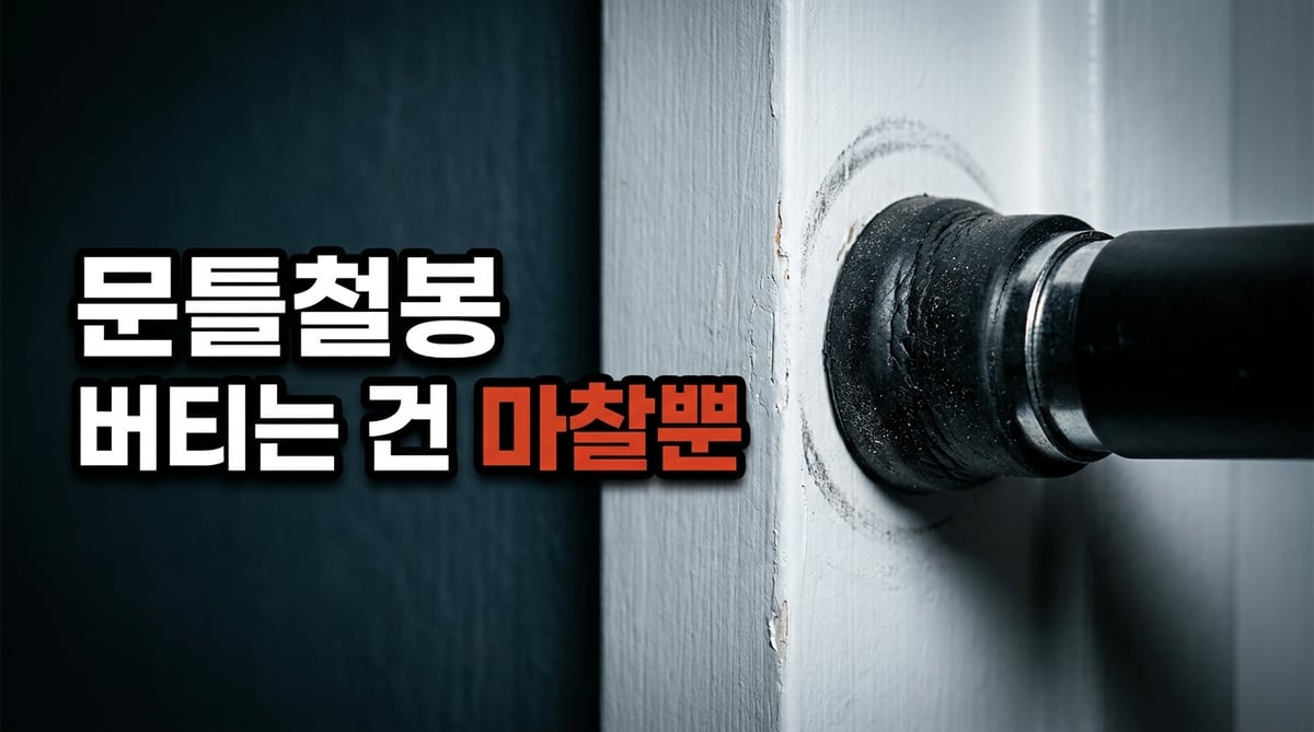 문틀철봉 끝단 고무 패드가 아파트 문틀 벽면을 강하게 누르고 있고 주변에 압력 자국이 남은 접사 사진
