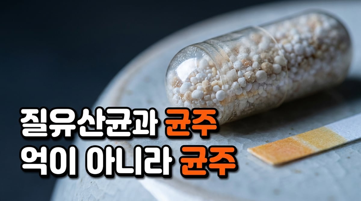 투명한 유산균 캡슐과 약산성을 가리키는 pH 시험지를 극단적으로 확대한 사진