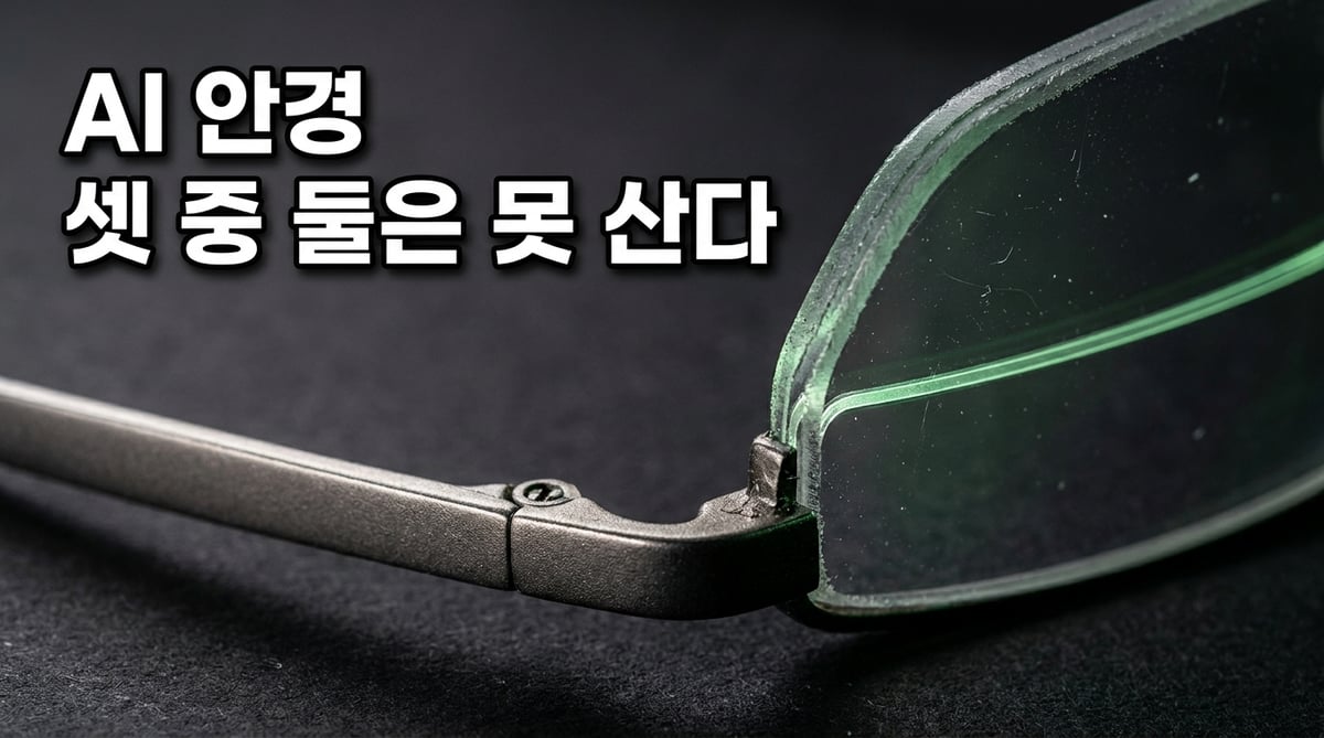 안경 렌즈 단면을 극단적으로 확대한 사진. 투명한 렌즈 안에 박힌 얇은 도파관 층이 녹색 빛을 머금고 있다