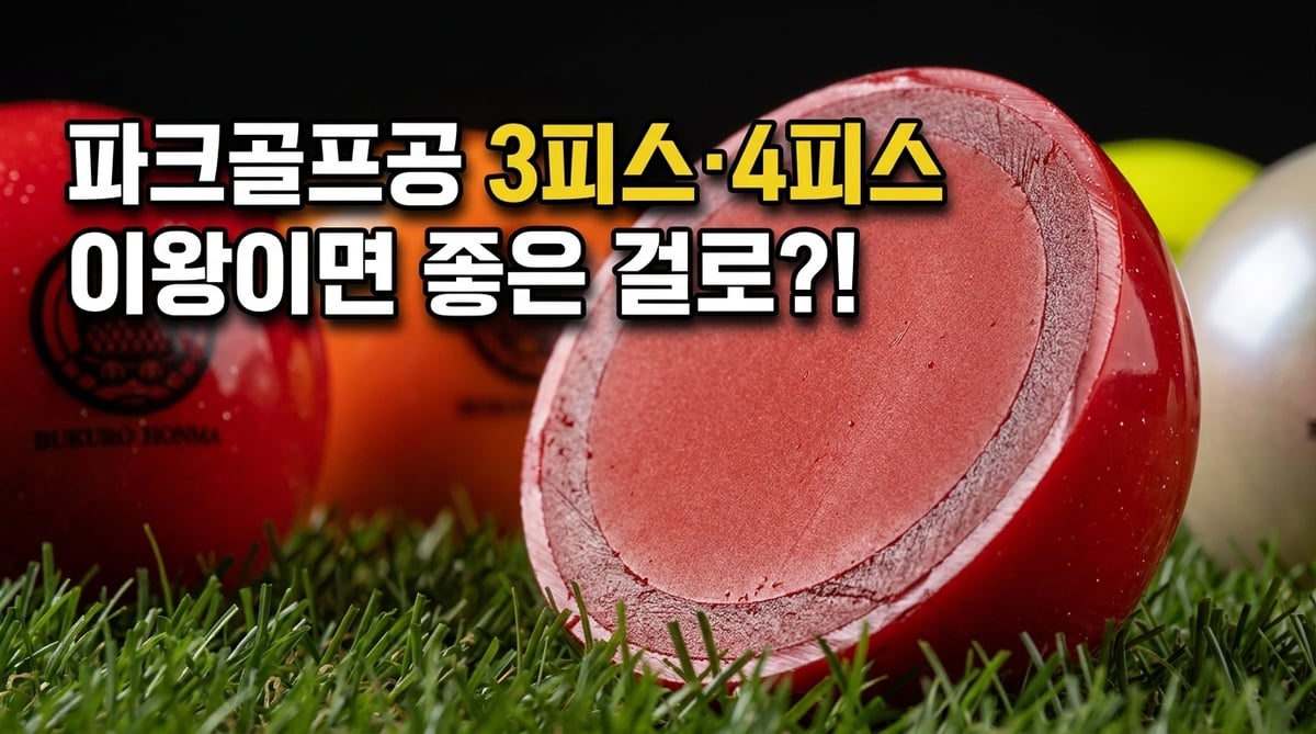 잔디 위 빨강·주황·노랑 파크골프공과 반으로 잘라 속 겹이 보이는 공
