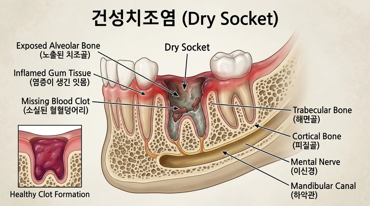 건성치조염 발생 시 혈병 없이 뼈가 노출된 치조와 단면도