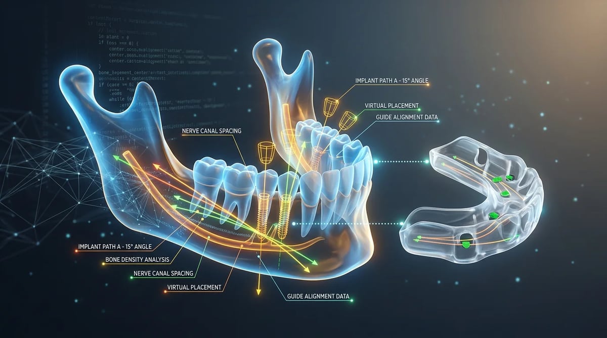 3D 디지털 데이터와 임플란트 식립 계획이 표시된 턱뼈 모델