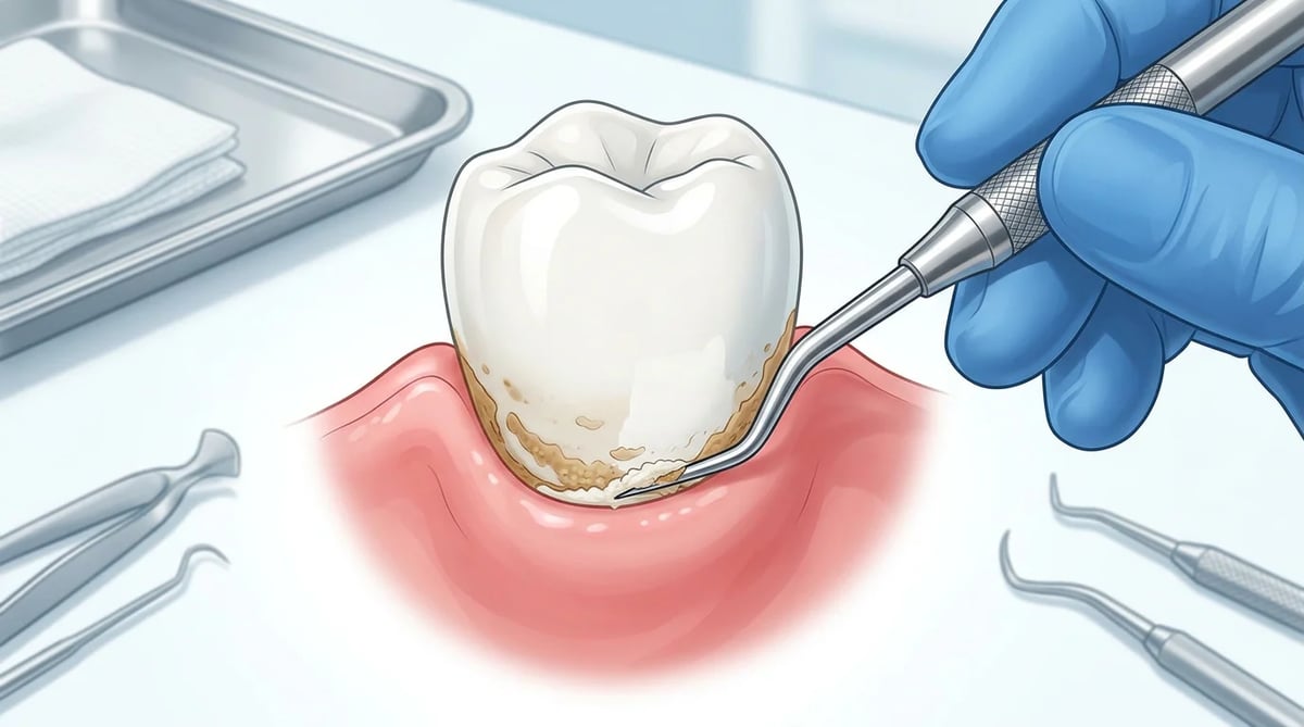 치과 스케일링 도구로 치아 표면의 치석을 제거하는 모습의 일러스트
