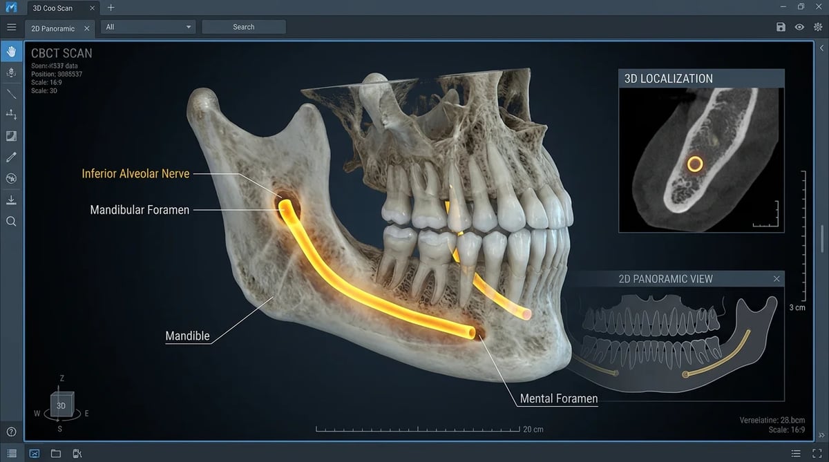 하치조 신경관이 강조된 3D CBCT 영상으로 정밀 진단 중요성 시각화