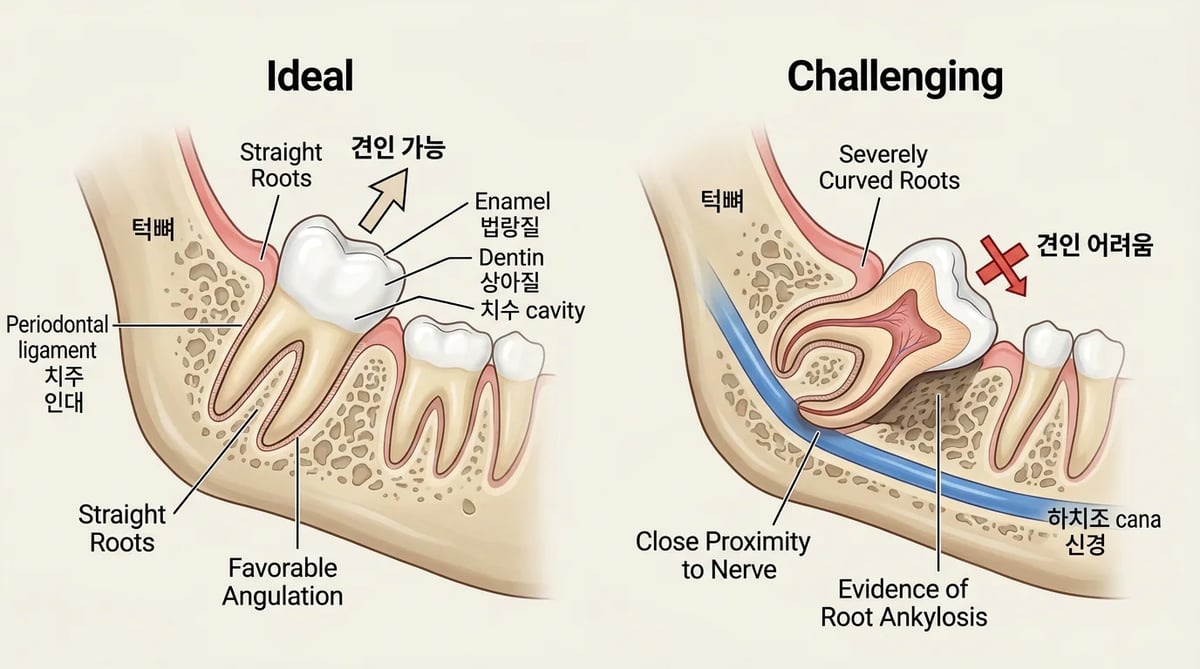 사랑니 견인 치료의 성공을 좌우하는 치아 상태와 매복 조건을 비교한 인포그래픽