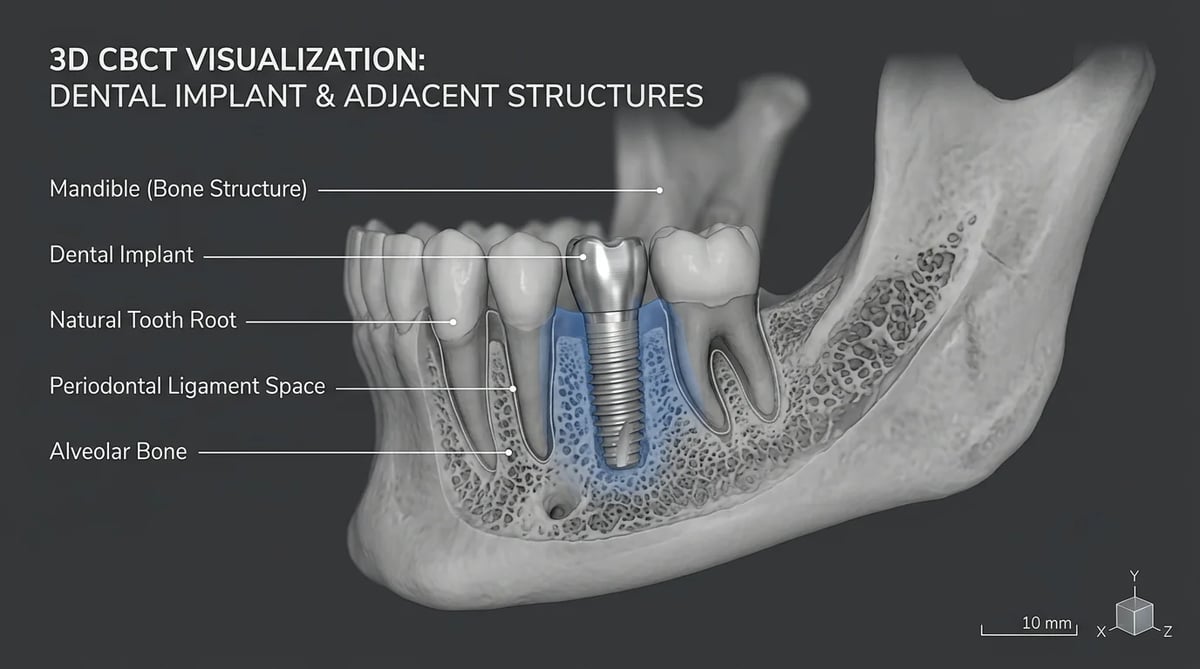 임플란트와 주변 치근의 3차원적 관계를 보여주는 3D CBCT 스캔 이미지