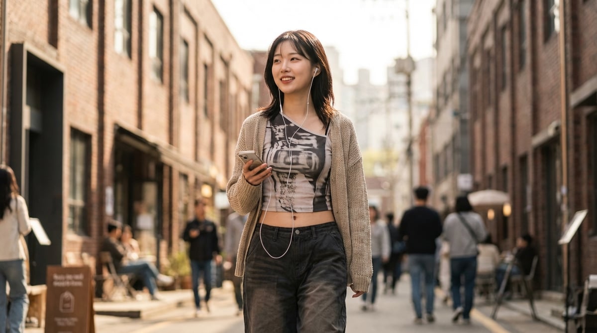 Fashion editorial photograph of a stylish Korean woman in her early 20s walking on a trendy Seoul st