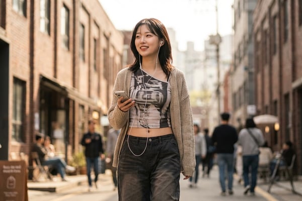 Fashion editorial photograph of a stylish Korean woman in her early 20s walking on a trendy Seoul st
