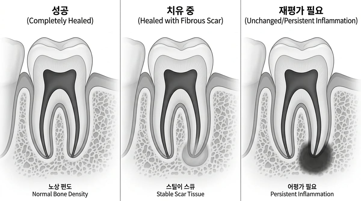 신경치료 후 엑스레이 판독에 따른 세 가지 치유 시나리오 비교